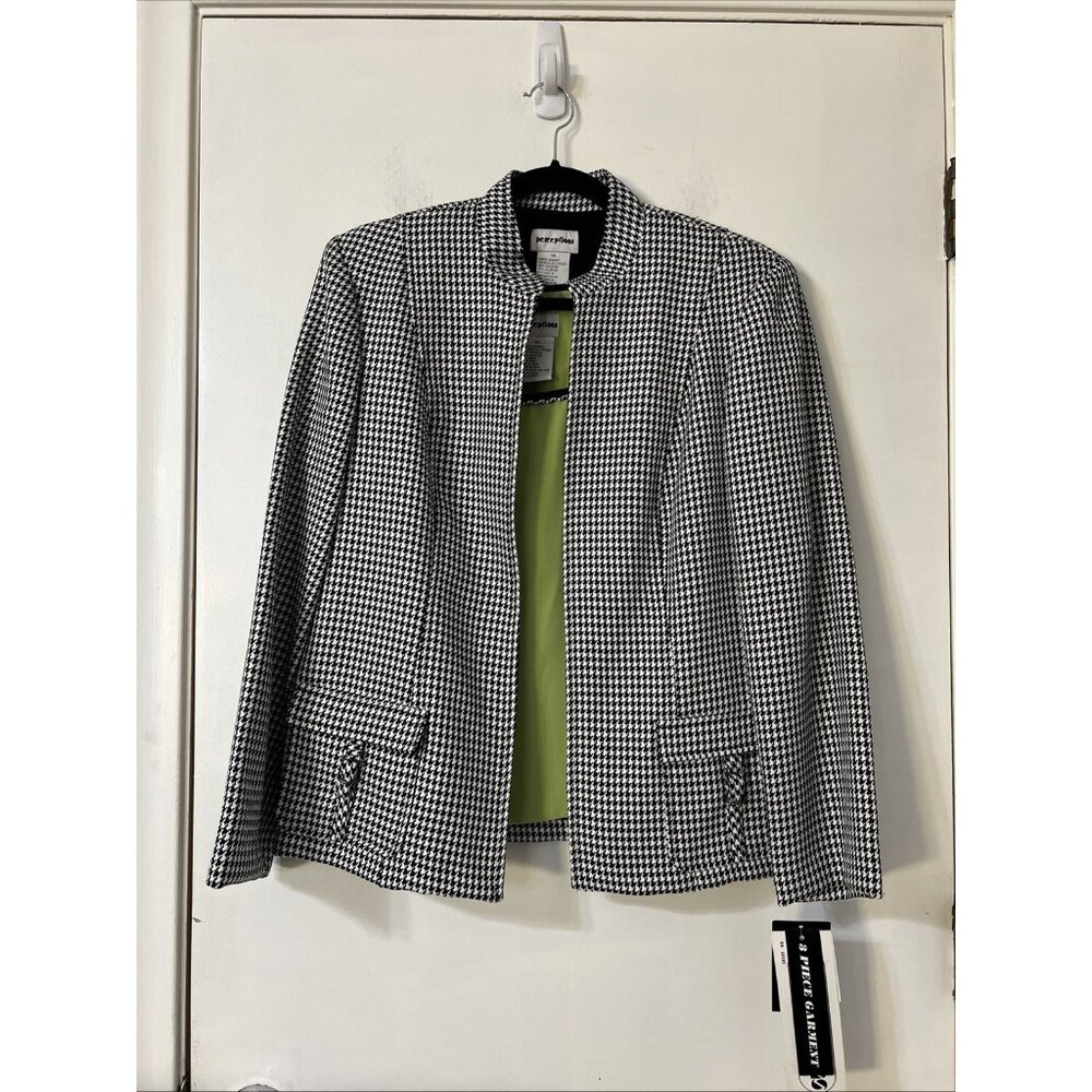 Perceptions Houndstooth Size 14 Open Jacket Blazer Cardigan Set Green Under Tank